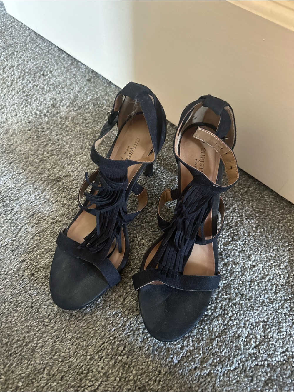 Fringe Strap Black Suede High Heels